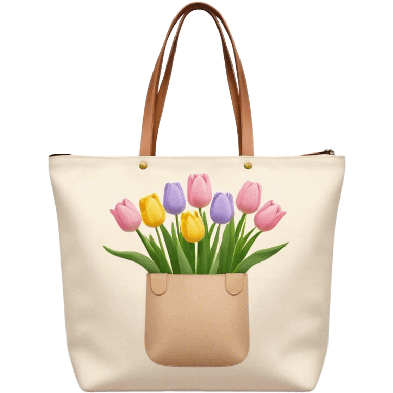 canvas tote bag with pastel tulips hanging out the top emoji