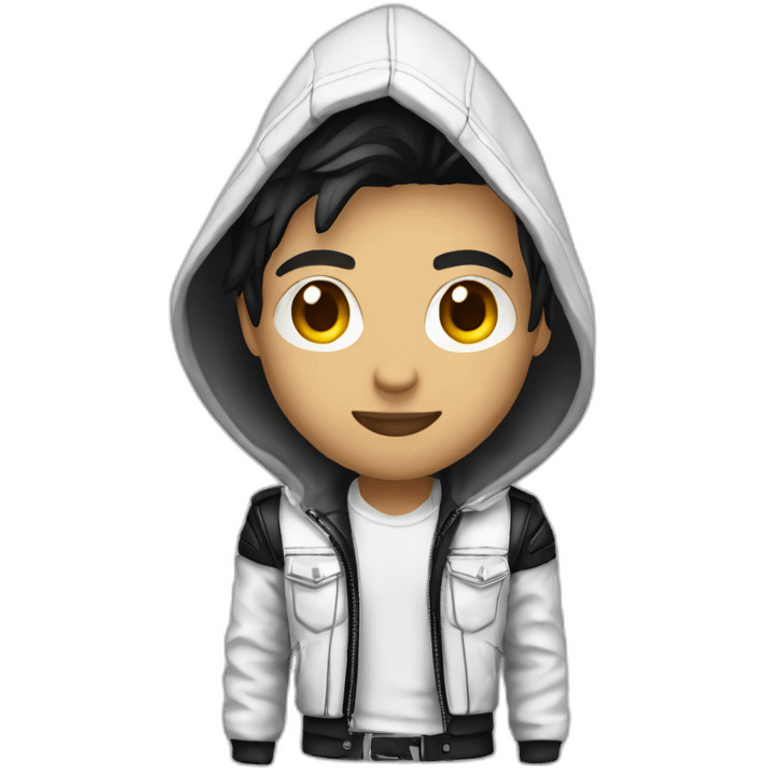 Punk male with hood wear white leather jacket with dark hair emoji