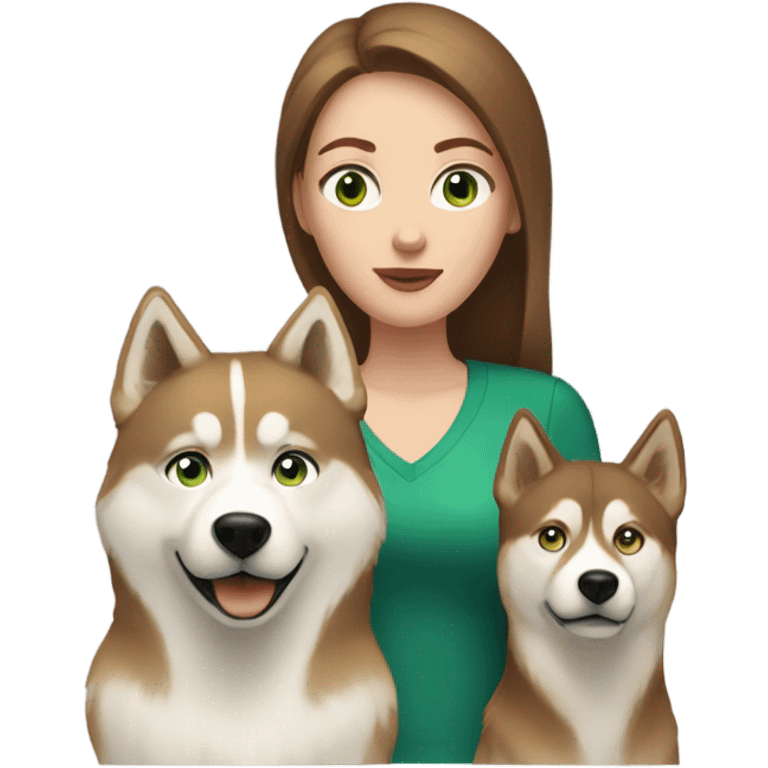 White Woman hair brown and bleus eyes and golden Husky With green eyes emoji