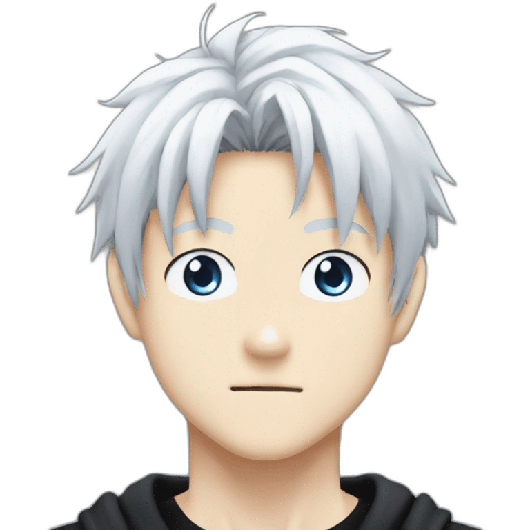 gojo satoru from jujutsu kaisen with white hair, blue eyes, who wear a black tshirt and a white baggy pant emoji