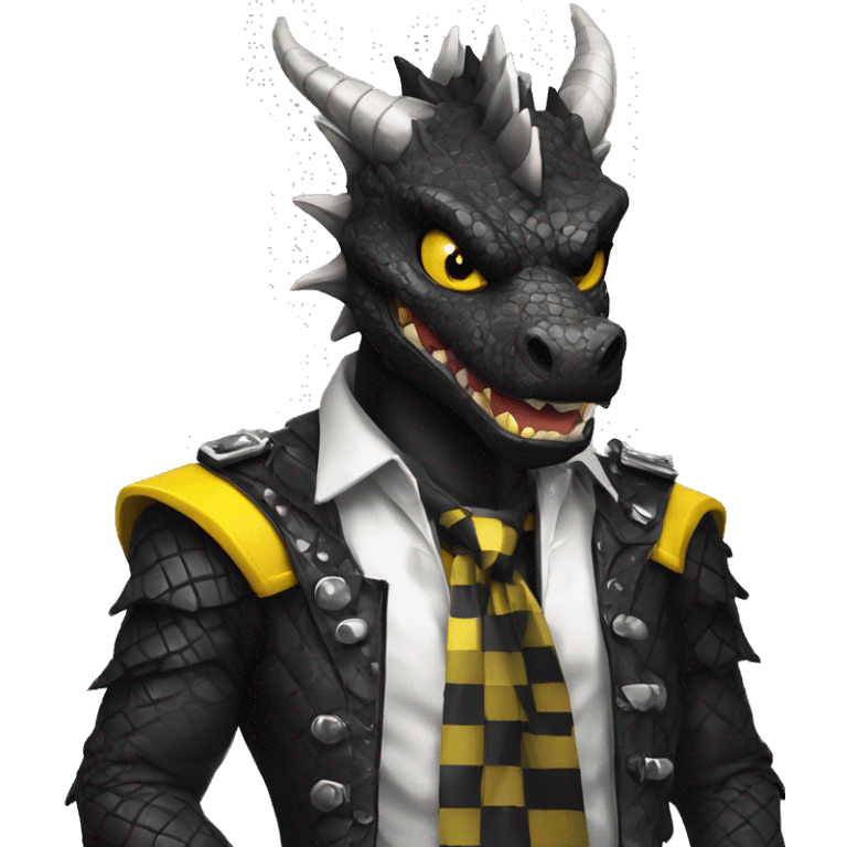 Black dragon dressed in punk clothes with chequer black and white markings and yellow caution tape  emoji