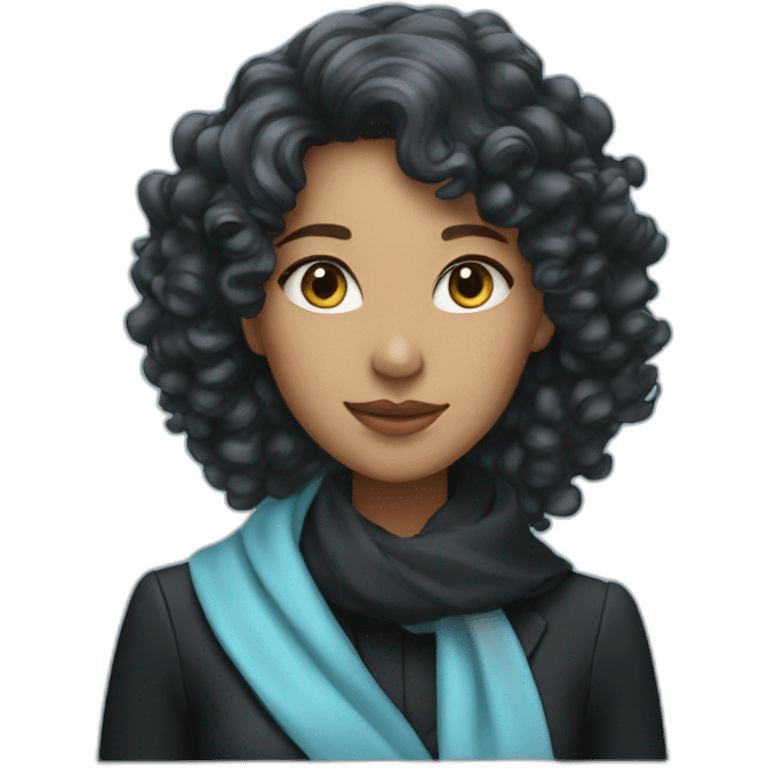 woman with elegant black suit and light blue scarf, long curly hair emoji