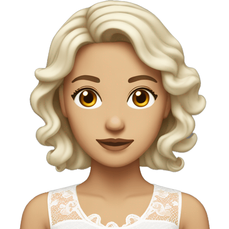 Adult woman with brown eyes, light tanned skin, long wavy dark brown hair, wearing a white lace dress with round collar. emoji