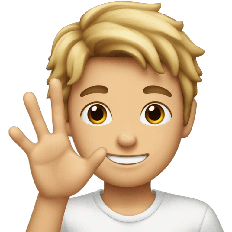 boy with brown hair and blond highlights who smiles and makes the sign of the horns with his hand emoji