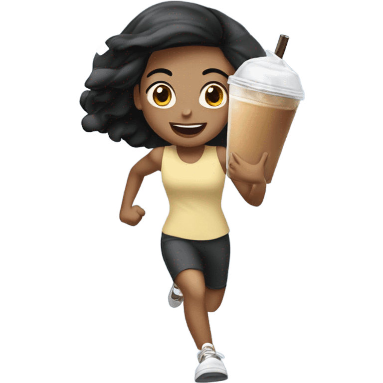 girl with black hair running with iced coffee all over her emoji