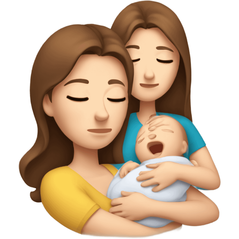  tired caucasian mother with brown hair, ,  holding newborn baby emoji