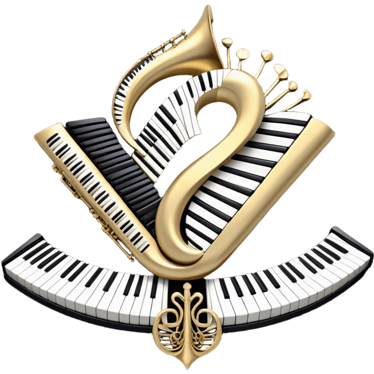 Create an elegant and festive emoji collage representing keyboard instruments, styled like a heraldic emblem. The design should feature a central focal point of black and white piano keys, arranged in a semi-circular or shield-like shape. Around the piano keys, add intertwining musical notes that form flowing ribbons, creating a dynamic and celebratory atmosphere. The design should be professional, with polished silver and gold accents on the keys and notes, highlighting the luxury and sophistication of the instruments. Add subtle shading and lighting effects to give the design a refined, 3D appearance. The background should remain transparent, and the overall feel should evoke grandeur, artistry, and a sense of celebration. emoji