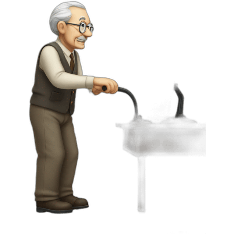 old man with a cane stands at a computer desk emoji