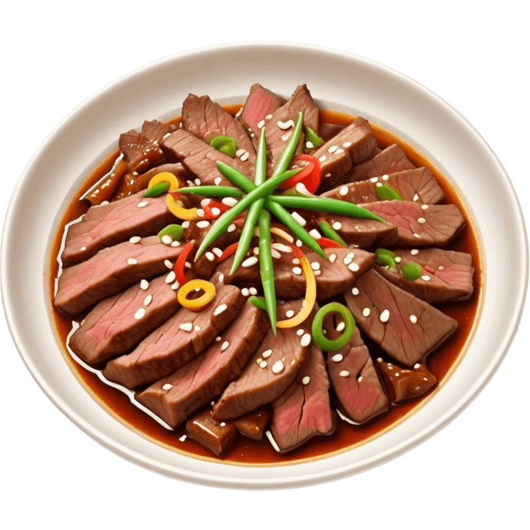 Bulgogi Cinematic Realistic Bulgogi Dish Emoji, depicted as thinly sliced, marinated beef stir-fried to perfection, rendered with dynamic textures and vibrant, appetizing lighting. emoji