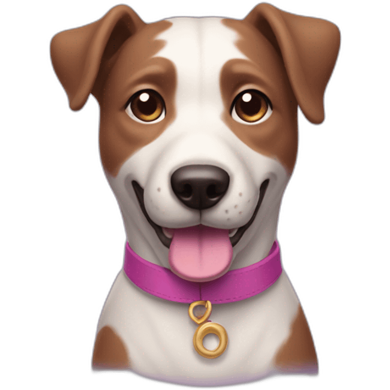 a purple dog with a brown nose and a pink collar with a bone happy  emoji