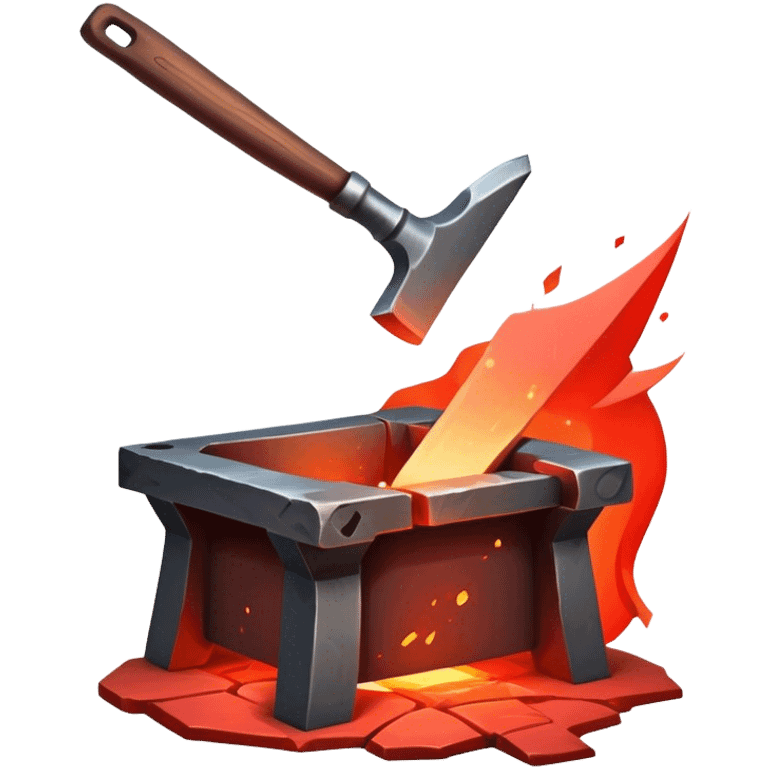 Blacksmithing icon, forged metal piece being shaped with hammer and anvil, glowing red-hot metal, blacksmith tools like tongs and chisel, sparks flying, minimalistic style, clean lines, transparent background. emoji