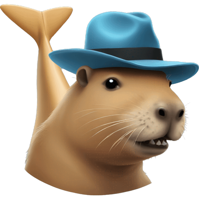 Capybara wearing a hat that's a shark emoji