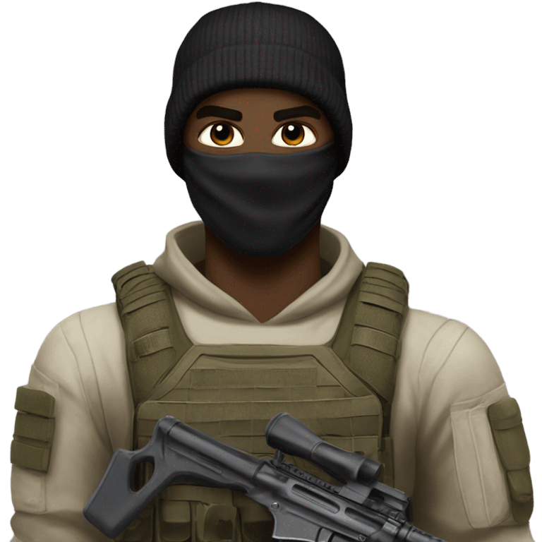 male, pale skin, call of duty black face mask, camo tactical gear, combat boots, black beanie, hazel eyes emoji