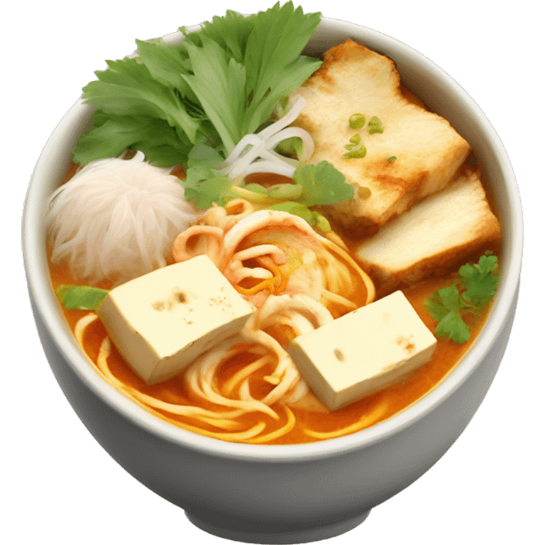 A bowl of laksa soup with tofu , chicken   emoji