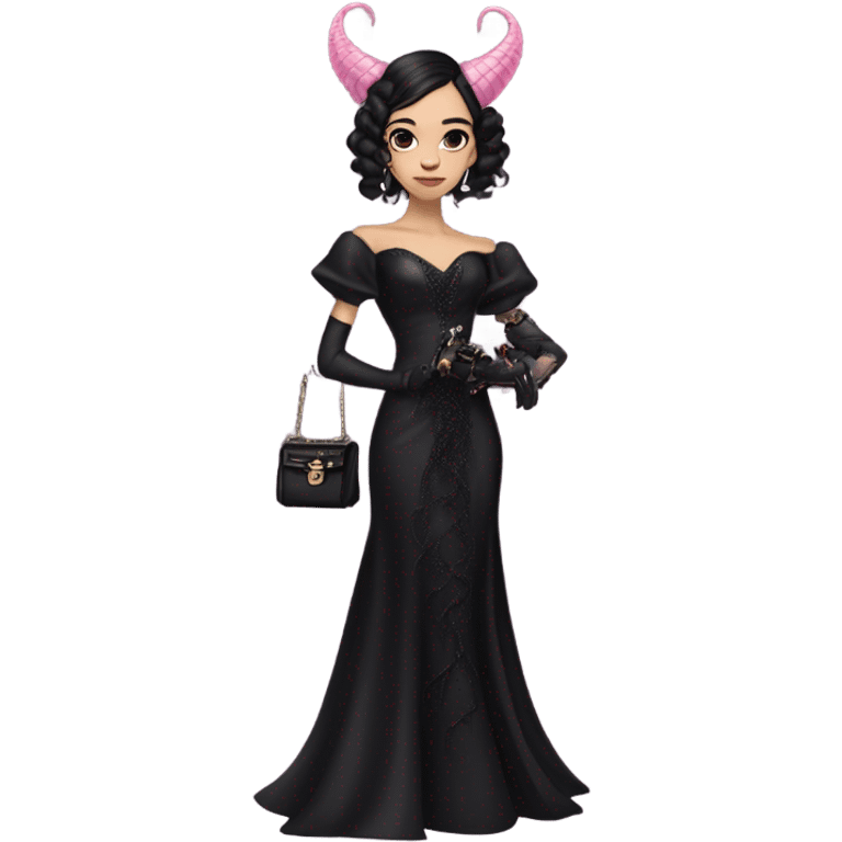 healthy standing flirty Lavish black evening gown with see-through gloves, Jenna Ortega as Addams woman prom queen wearing a steampunk mini tiara, very large blood moon pink evil-looking horned old dragon purse emoji