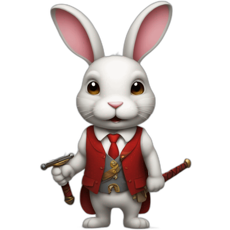 Bunny with sword in back with rugged smiley face with red tie in his neck emoji