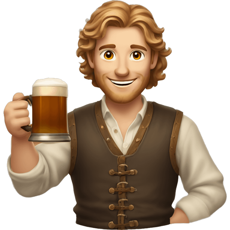 Medieval-style friendly bartender with light brown wavy hair and warm amber eyes, holding a wooden mug of ale, smiling cheerfully, welcoming gesture emoji