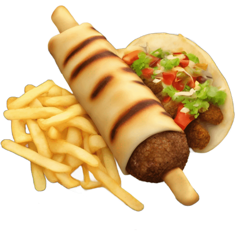 Kebab with chips and sauce on at plate emoji