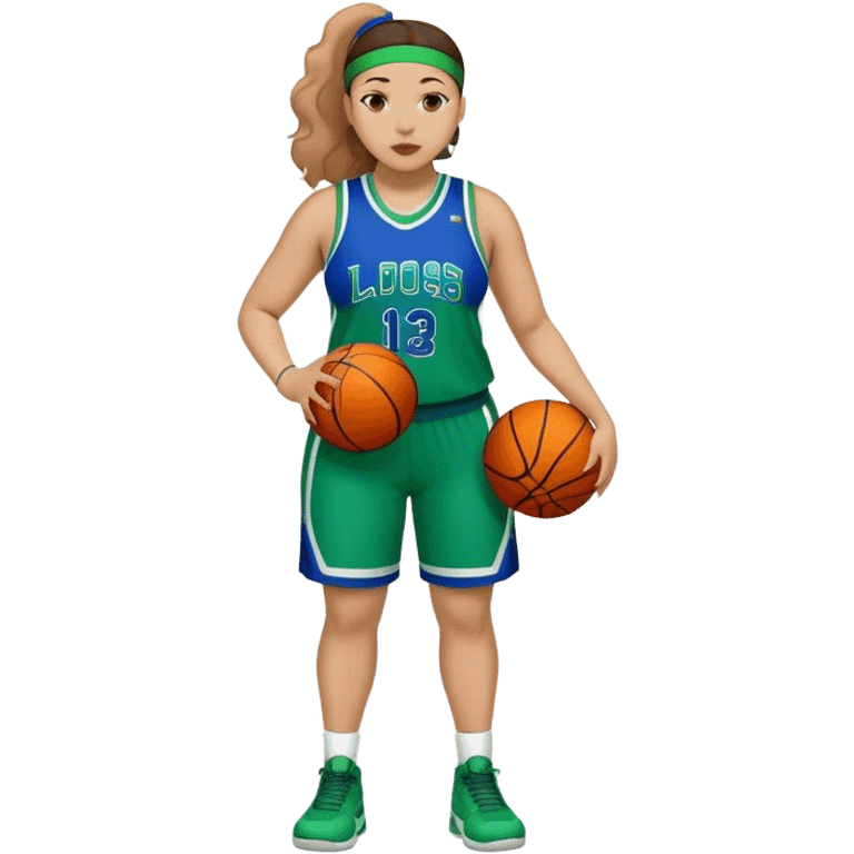 Full Body light skin Latino plus size women basketball player wearing blue and green uniform emoji