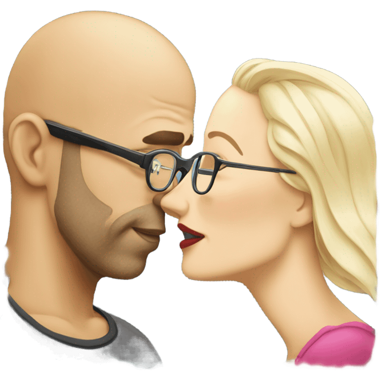 Bald man wearing glasses kissing a white blonde woman with long hair emoji