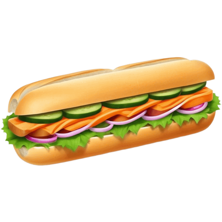 Banh Mi Cinematic Realistic Banh Mi Sandwich Dish Emoji, depicted as a simple, small baguette filled with fresh ingredients, rendered with crisp textures and vibrant, inviting lighting. emoji