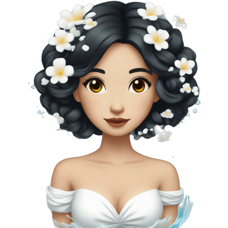 Pretty young Lady with black hair flowers in hair white dress surrounded by flowing water emoji