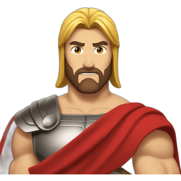 The Spartan Leonidas. Muscly physique. Wearing a red cape. Masculin. Normal face emoji