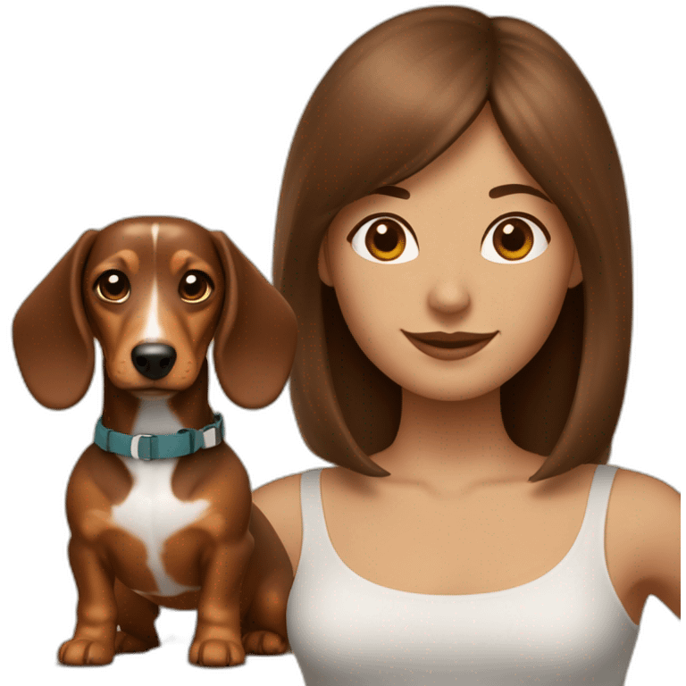 A woman with shoulder-length brown hair and bangs has a rough-coated dachshund on a leash. emoji