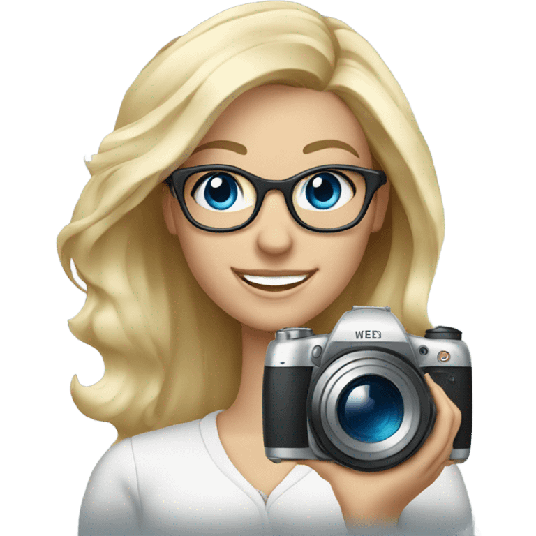 Elegant blonde girl with glasses smiling blue eyes taking pictures with a camera  emoji