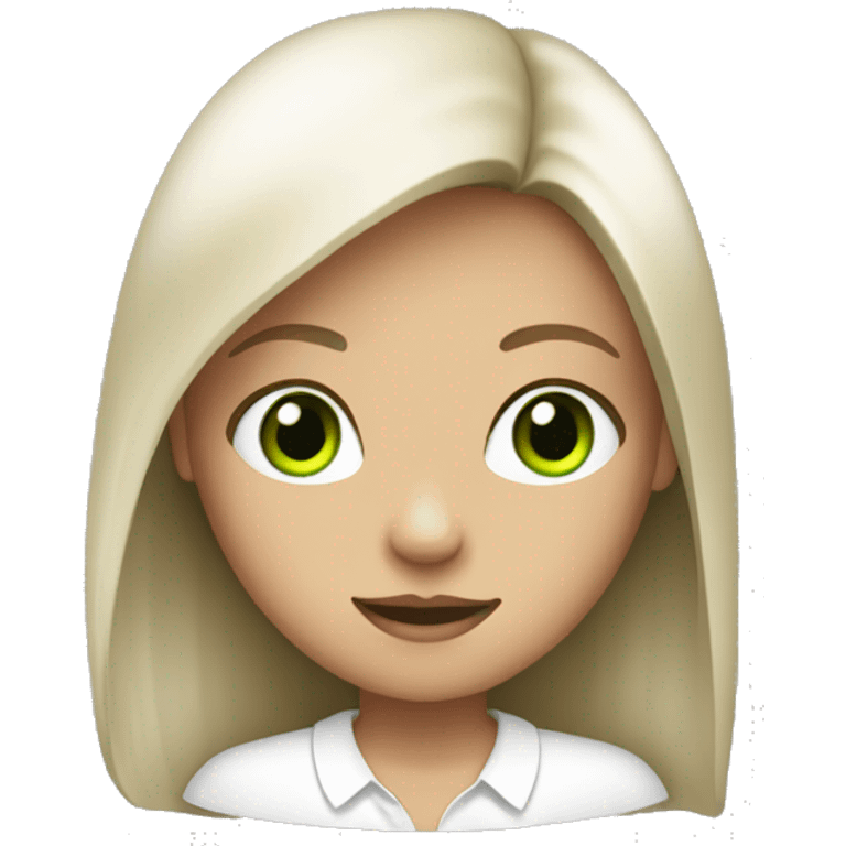 A girl with straight hair and green eyes with a white shirt  emoji