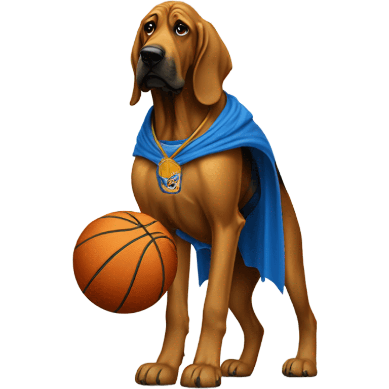 A bloodhound with a blue and Gold cape dunking a basketball! emoji