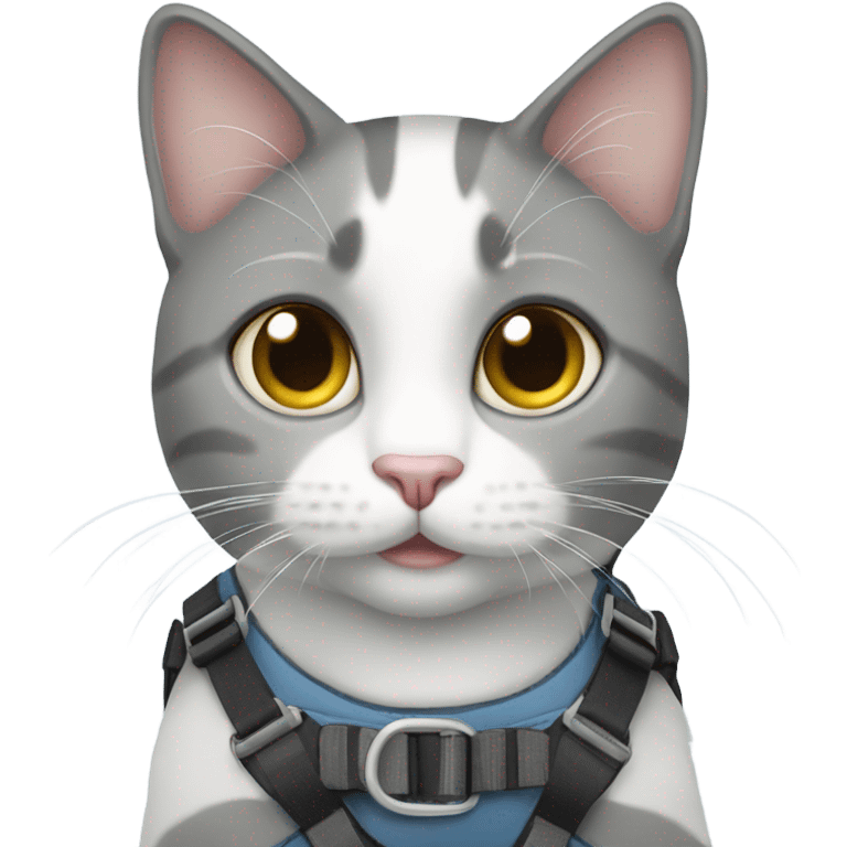 Grey and white cat wearing a harness  emoji