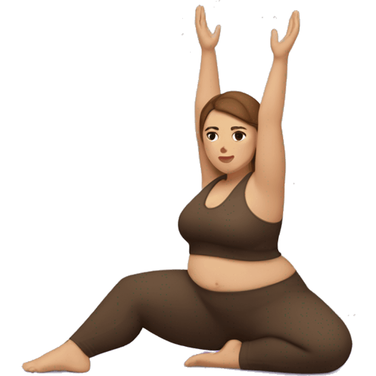 A plus size woman in a full body yoga pose. She has light skin, brown straight hair, and brown eyes.  emoji