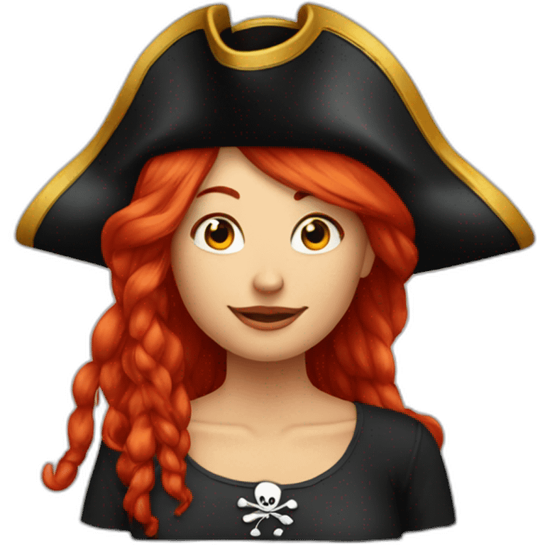 Woman long red hair. Short hair on the other side, pirate hat, skull and crossbones t shirt emoji