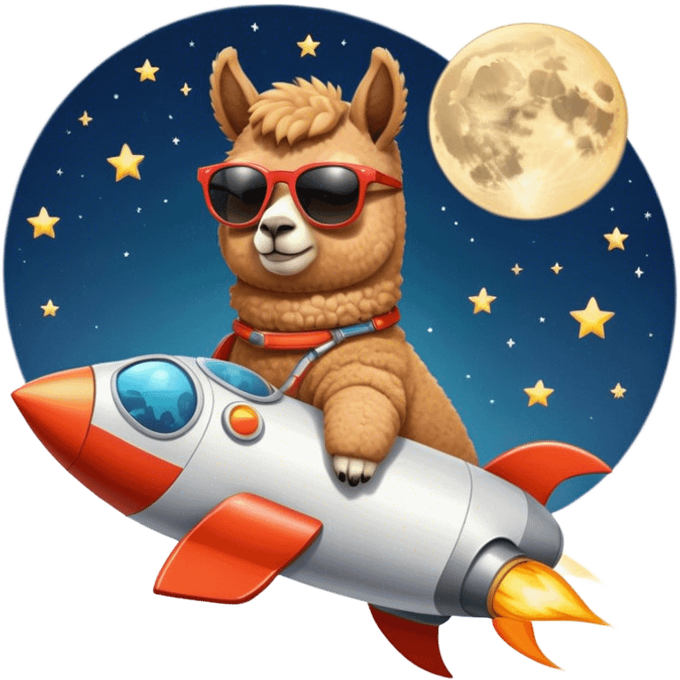 alpaca with sunglasses on rocket ship pointed to the moon emoji