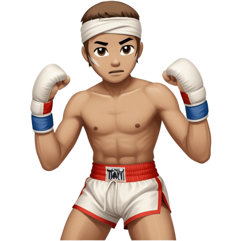 ​Cinematic Realistic Traditional Muay Thai Fighter, depicted in authentic attire featuring white bandaged gloves wrapped around his fists, a traditional headband tied neatly, and classic Muay Thai shorts, captured in a dynamic fighting stance under dramatic, high-energy lighting that highlights the raw power and elegance of the art, emoji