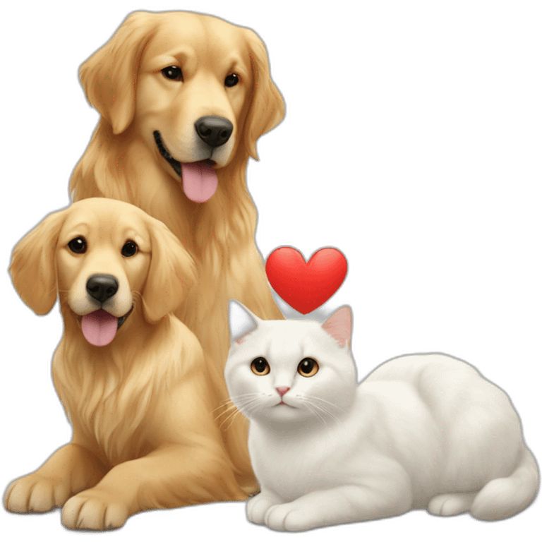 A Golden retriever, a white cat, and a dark gray cat in a red heart emoji