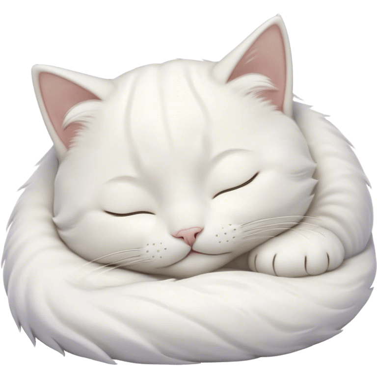 Meme-Worthy Cute Sleeping White Cat Portrait Emoji, Head peacefully tilted with a tender, contented smile and eyes gently closed in serene slumber, featuring a pristine white fur with subtle, delicate silver accents, simplified yet irresistibly adorable, highly detailed, glowing with a soft, drowsy radiance, high shine, exuding calm, heartwarming charm, styled with a gentle, soft glowing outline, capturing the essence of a sleeping white cat that seems destined to become the next viral icon of adorable repose! emoji