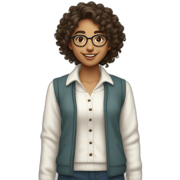 smiling indian teenage girl with curly hair and glasses wearing a collared long sleeve white shirt under a white sweatervest emoji