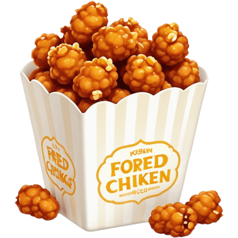 Korean Fried Chicken Cinematic Realistic Korean Fried Chicken Dish Emoji, depicted as bite-sized popcorn chicken pieces generously coated in a glossy, spicy sauce, rendered with crisp textures and dynamic, appetizing lighting. emoji