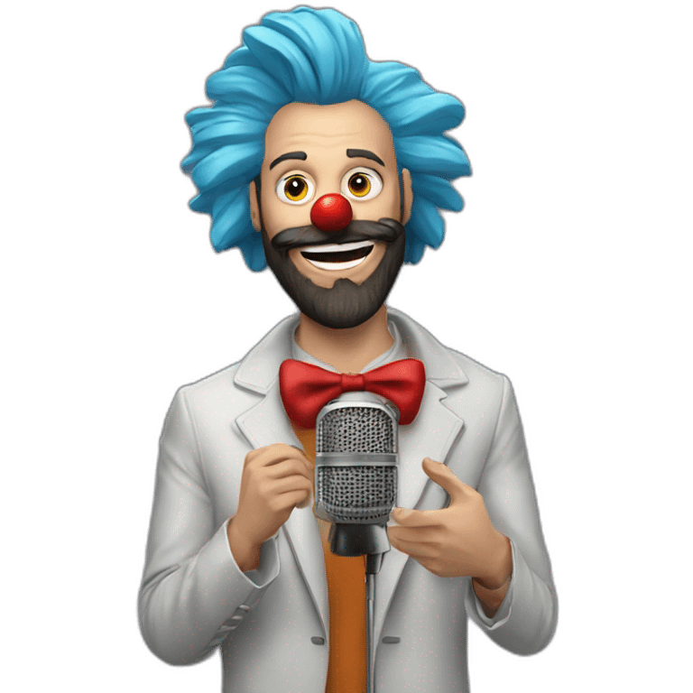 radio presenter with beard and with a microphone in his hand dressed is a filthy clown emoji