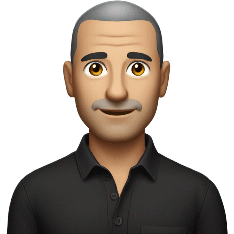 A middle-aged italian man with olive-toned skin with buzz cut hair and no facial hair. He is wearing a sleek black smart shirt, casually unbuttoned at the top. emoji