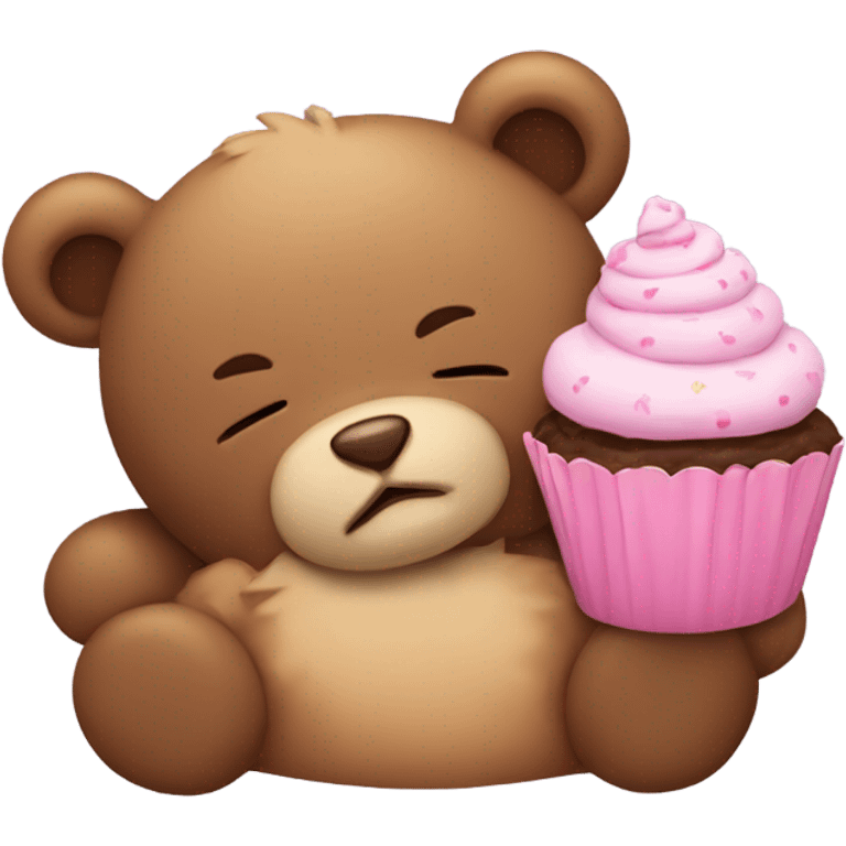 Sleeping teddy bear with cupcake on its head emoji