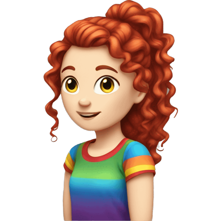 a white girl with long red curly hair in a pony tail with rainbow shirt being cute emoji