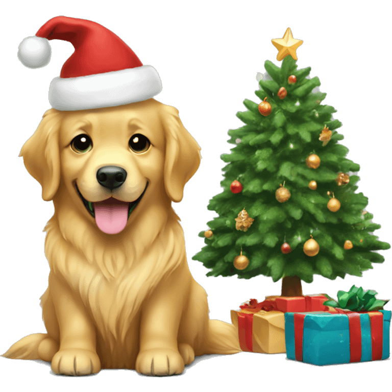 christmas golden retriever with christmas tree  emoji