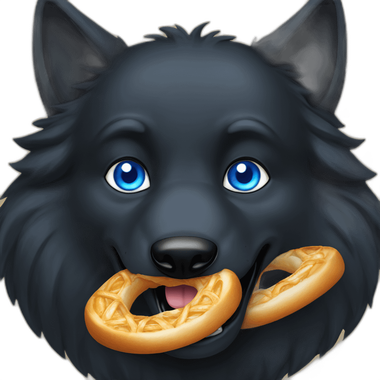 a full black wolf with blue eyes eating a bretzel emoji