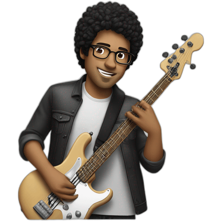 white guy, black hair, wearing glasses, playing bass guitar emoji