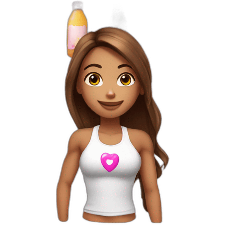 fitness girl with straight long brown hair, wearing silver bracelets and a white strappy tops and holding a pink magic potion emoji