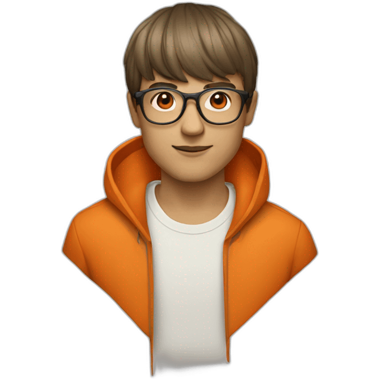 a man with a bowl cut brown glasses, a orange jacket emoji