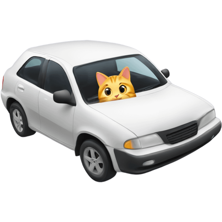 A cartoon emoji-style car with a curious cat peeking out from the open hood of the engine compartment. emoji